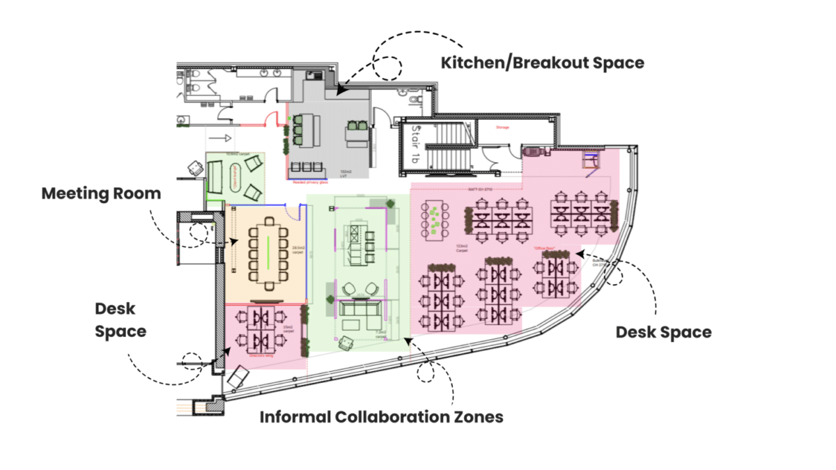 A flooring plan of a hybrid office